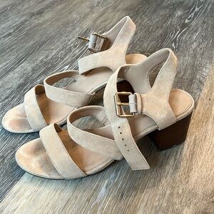 J. Crew tan suede open-toed heels